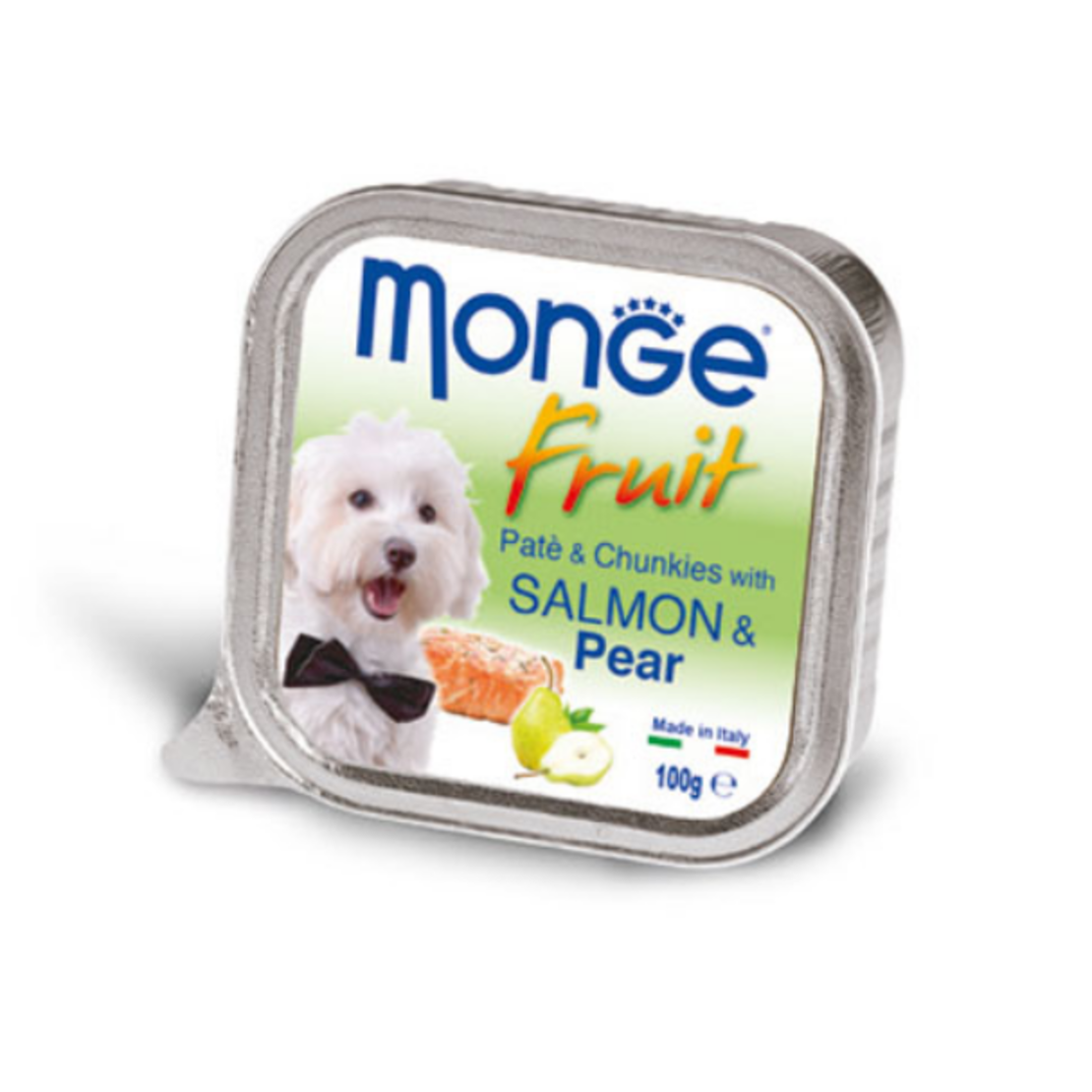 MONGE FRUIT Paté & Chunkies Salmon & Pear – Пастет и хапки със сьомга и круши, 100gr