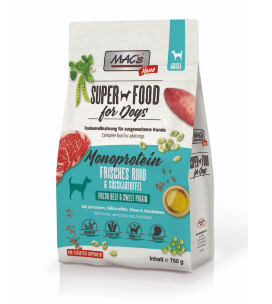 Mac's Monoprotein Beef суха храна с говеждо, сладък картоф и ананас за капризни, чувствителни или податливи на алергии кучета 3kg