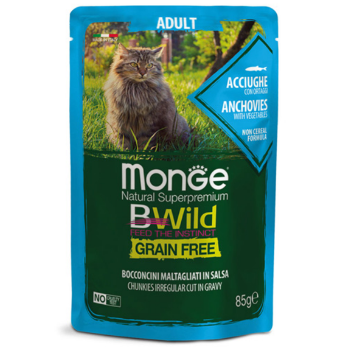 Monge BWILD Grain Free Adult с аншоа и зеленчуци – пауч с хапки в сос, без зърнени храни – за котки в зряла възраст. 85гр