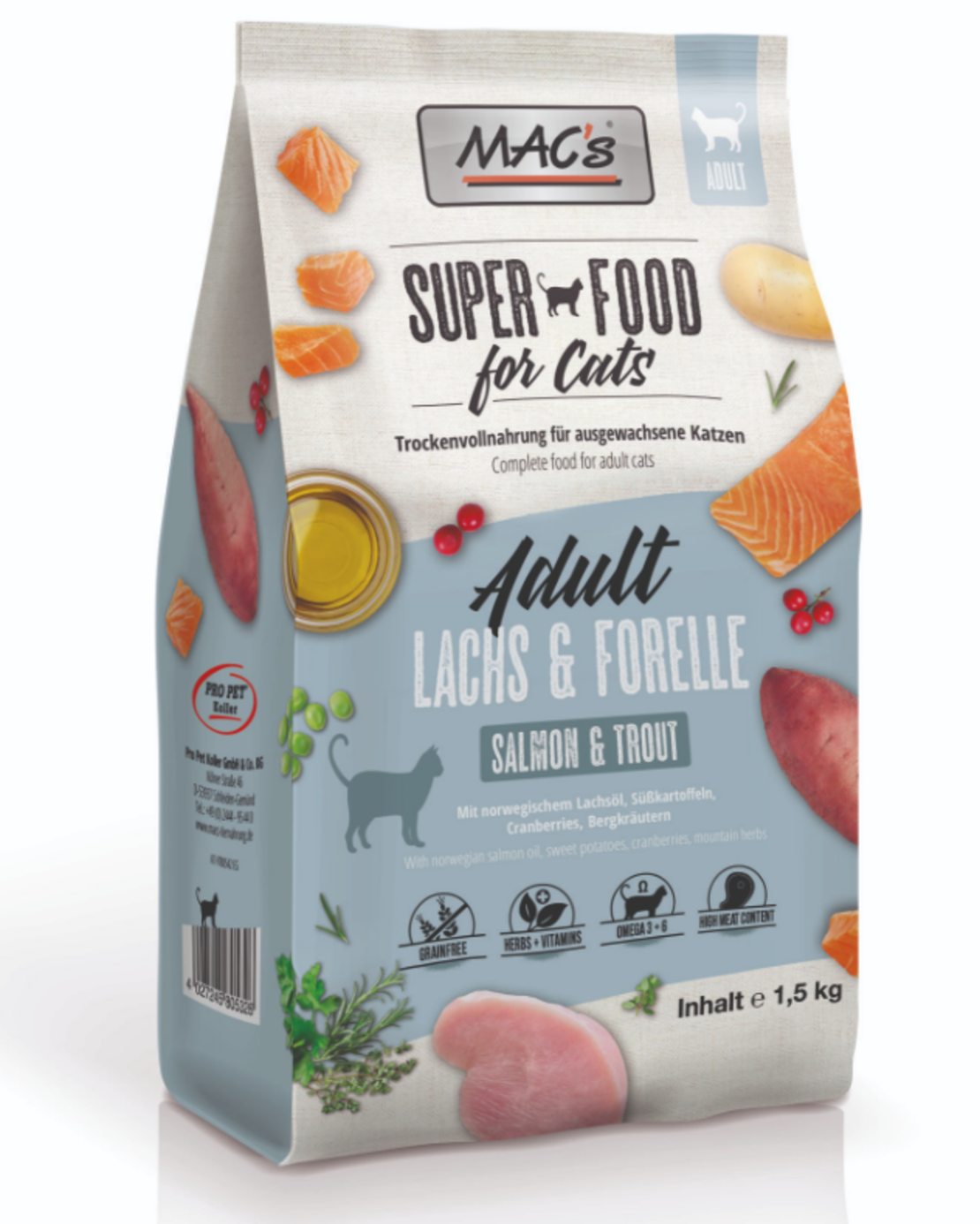 Mac's Cat Adult суха храна със сьомга и пъстърва за израстнали котки, 1.5kg
