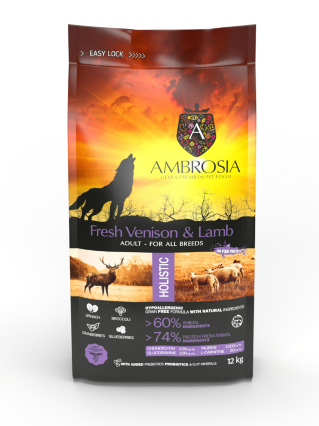 Ambrosia All breeds adult Ultra premium Прясно еленско и агнешко месо от всички породи над 12 месечна възраст 2 кг.