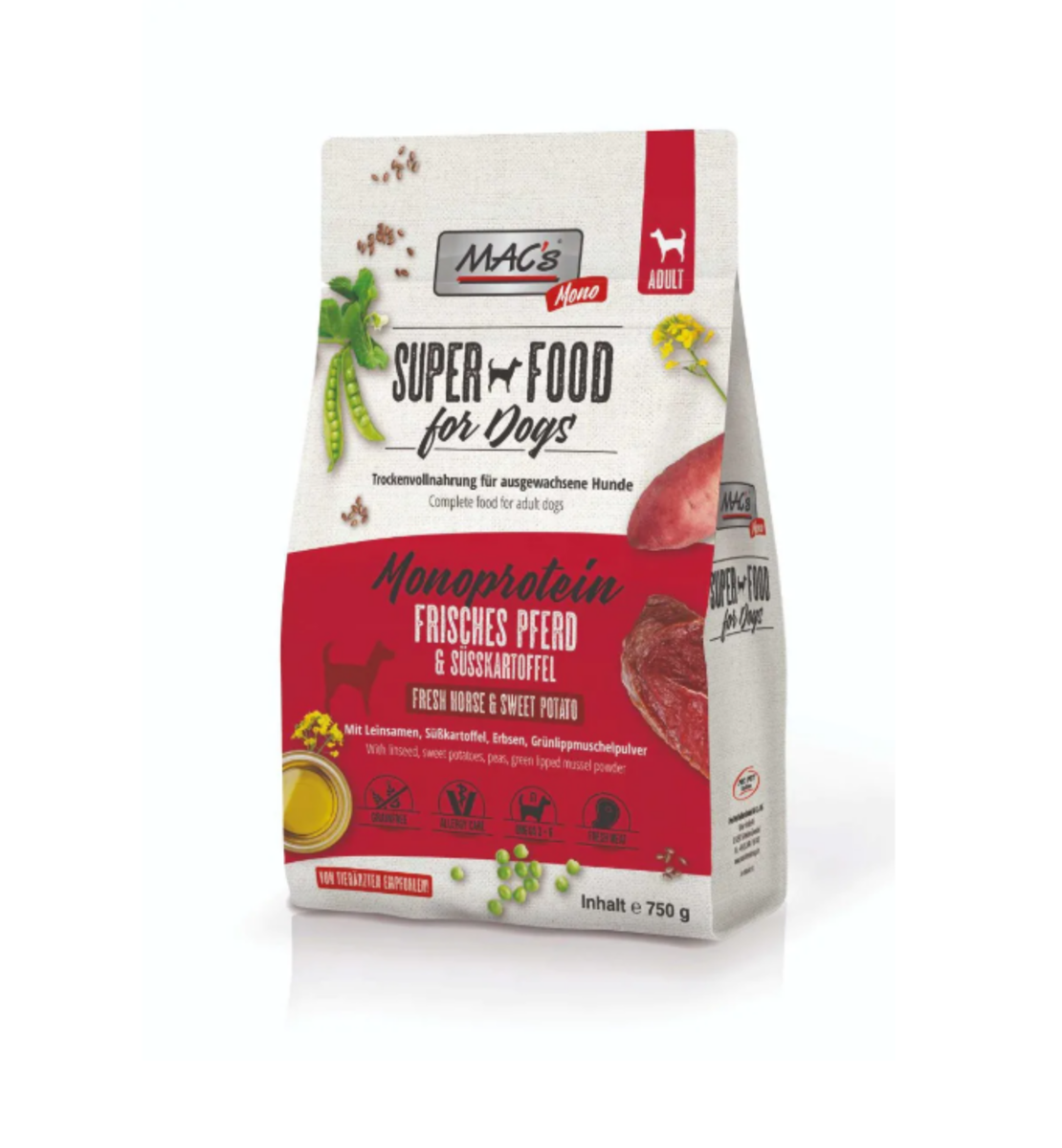 MAC'S DOG ADULT MONOPROTEIN - за пораснали кучета, Конско и сладък картоф , 750г
