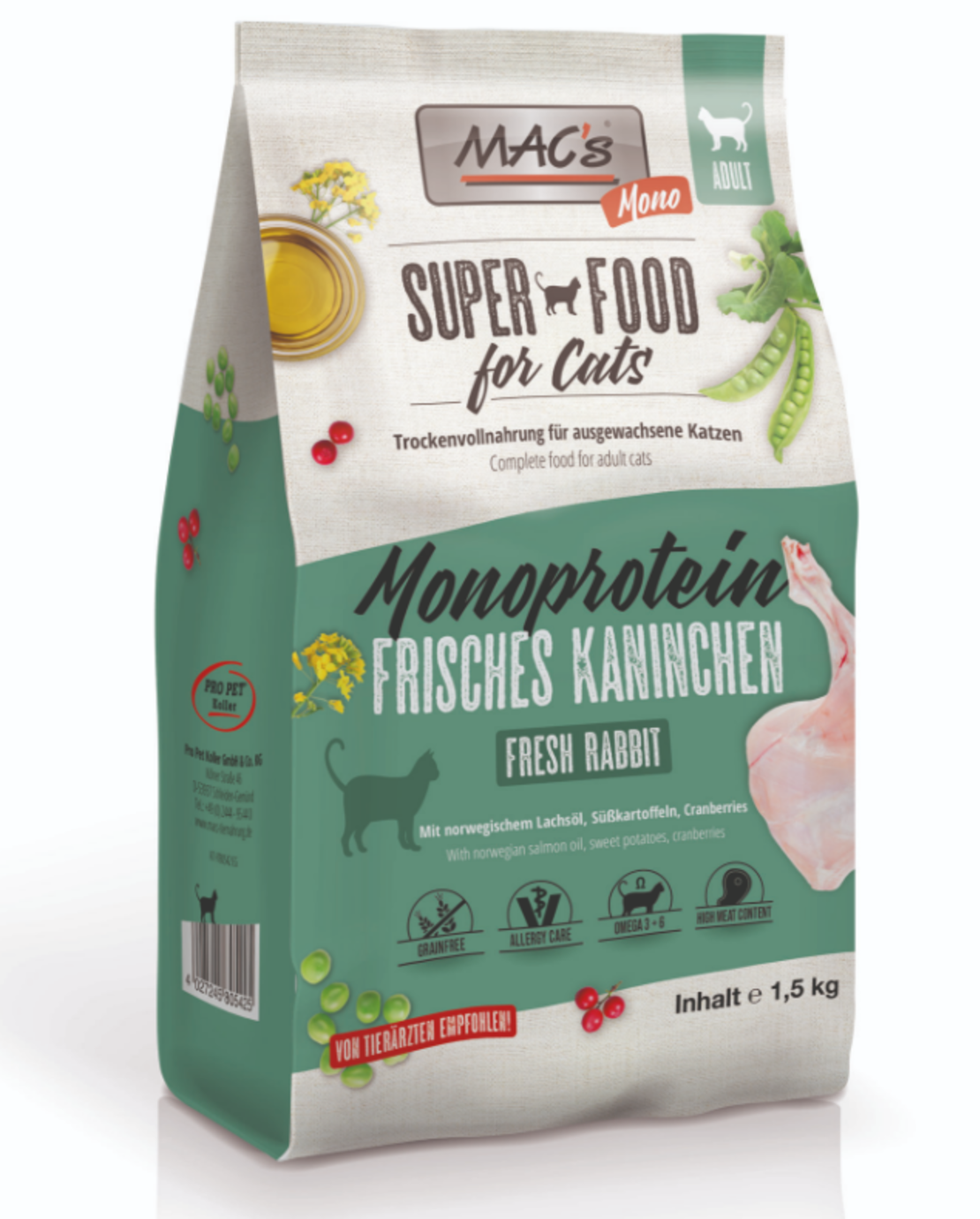 Mac's Monoprotein Adult монопротеинна суха храна със заешко, грах и боровинки за капризни, чувствителни или алергични котки, 1.5kg