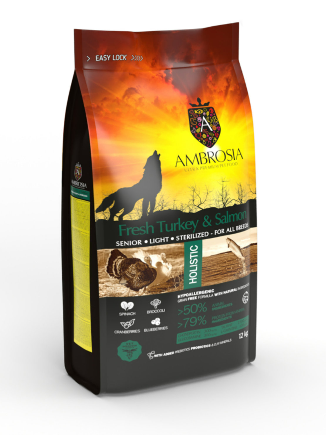 Ambrosia• Аll breeds adult •Ultra premium • sterilized ,senior,light за кучета възрастни и стерилизирани от всички породи с Прясна пуйка и сьомга 12кг.