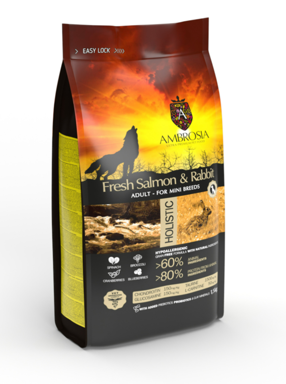 Ambrosia• Mini adult• Ultra premium за кучета от малки породи над 12 месечна възраст със Прясна сьомга и заек