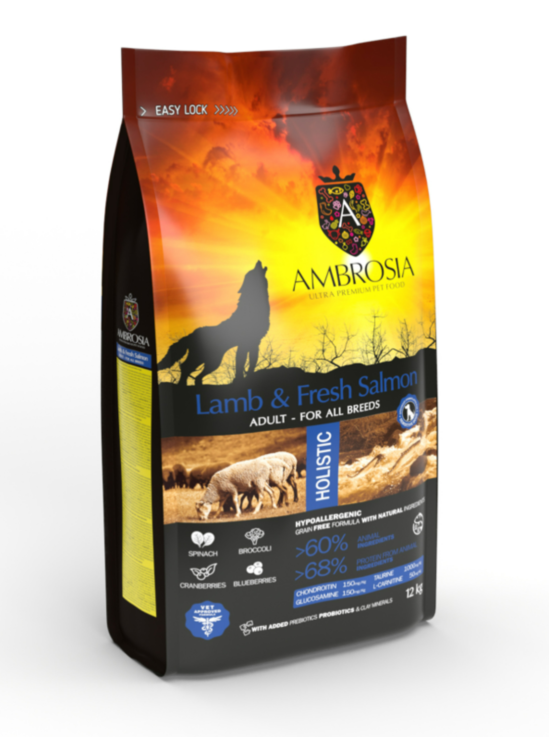 Ambrosia• Аll breeds adult •Ultra premium за кучета от всички породи над 12 месечна възраст с Агнешко и прясна сьомга 12 кг.