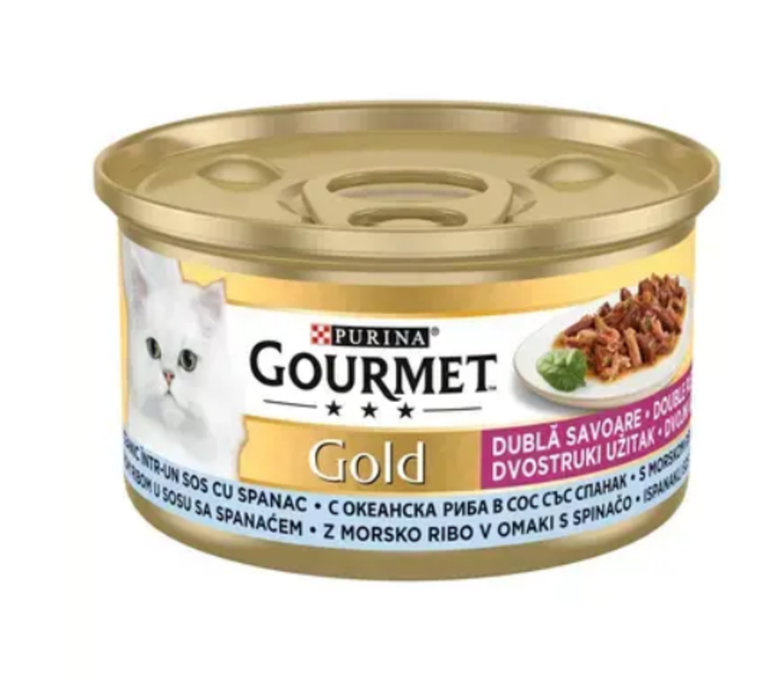 GOURMET GOLD DOUBLE PLEASURE Мека храна с риба и спанак за котки, 85g