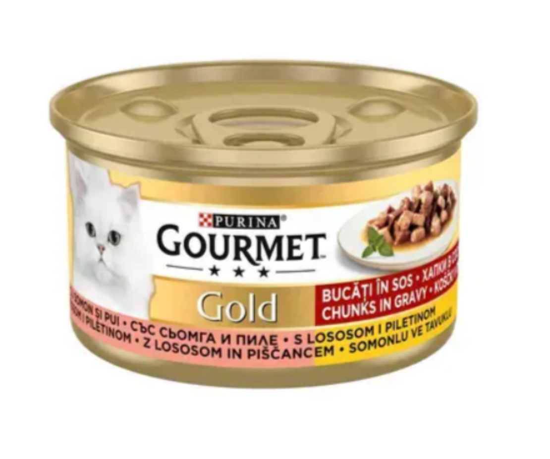 GOURMET GOLD Мека храна с пилешко и сьомга, 85g