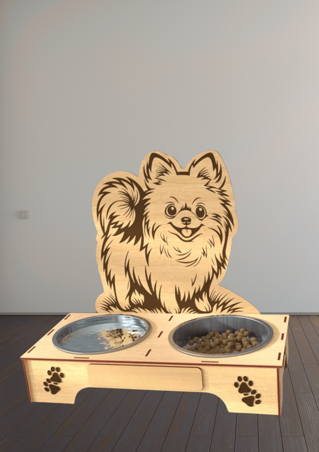 Дървена стойка с купички за домашен любимец