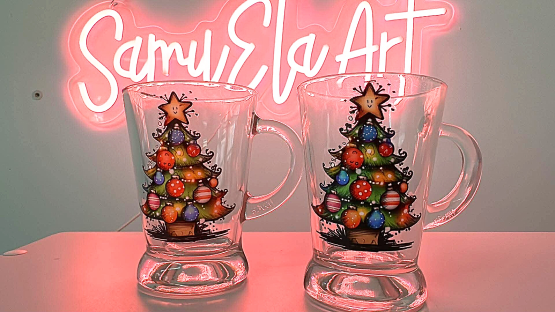 Комплект от 2 стъклени чаши за кафе  – Коледна елха