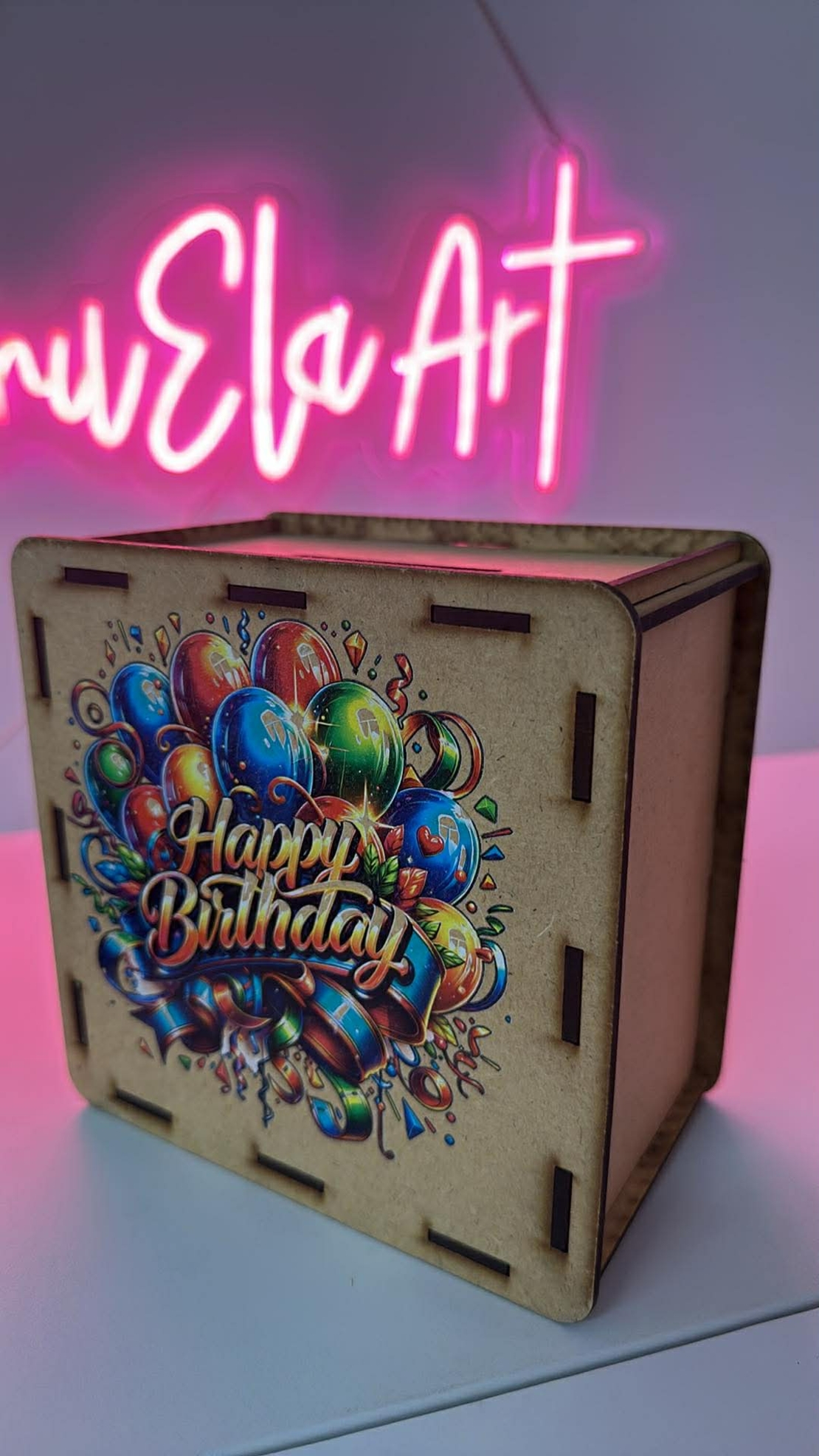 Лукс дървена касичка с цветен UV печат-Happy Birthday