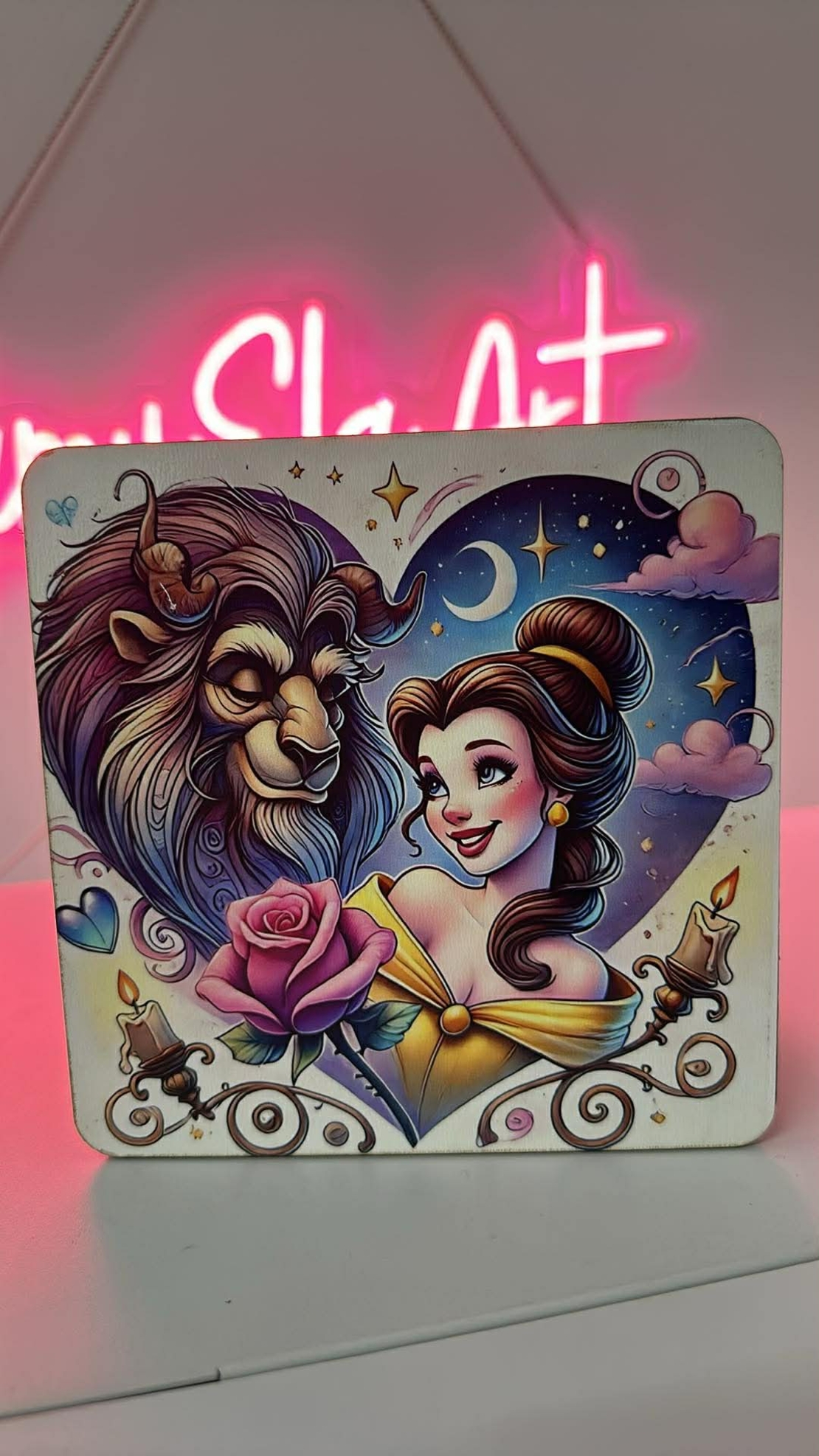 Лукс дървена касичка с цветен UV печат Красавицата и звяра сърце