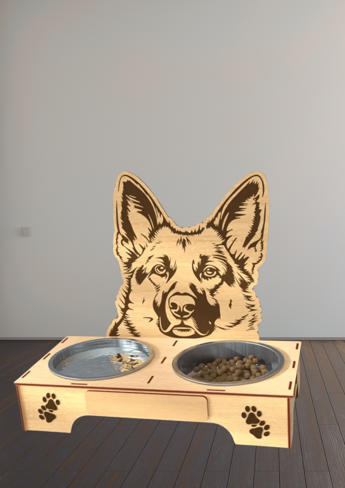 Дървена стойка с купички за домашен любимец