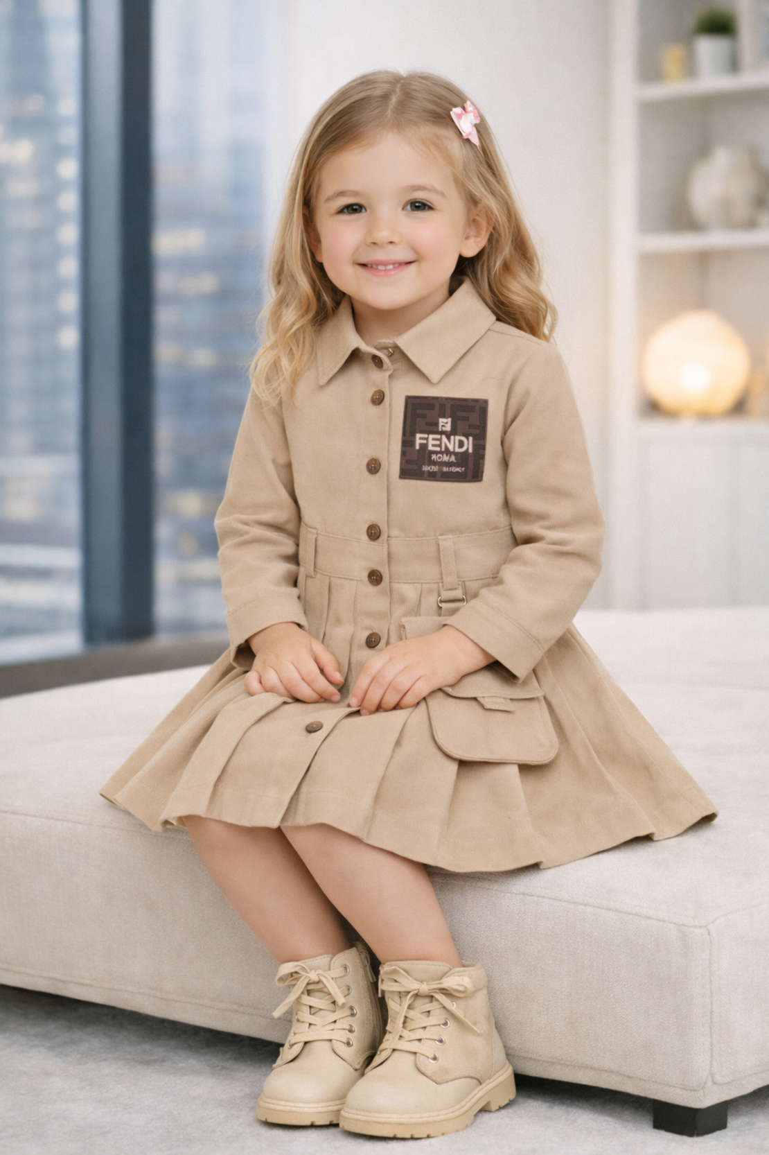 Бежова детска рокля с плисета