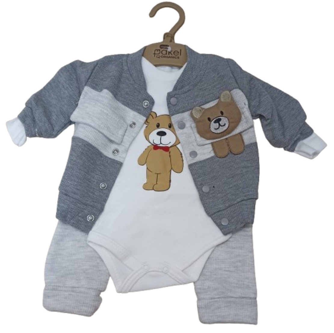 Бебешки комплект с мече – боди, панталон и жилетка