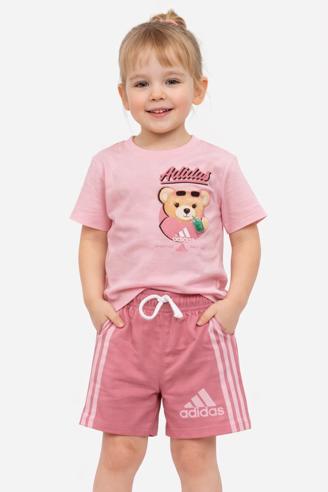 Розов летен комплект с мече за момиче – тениска и къси панталонки