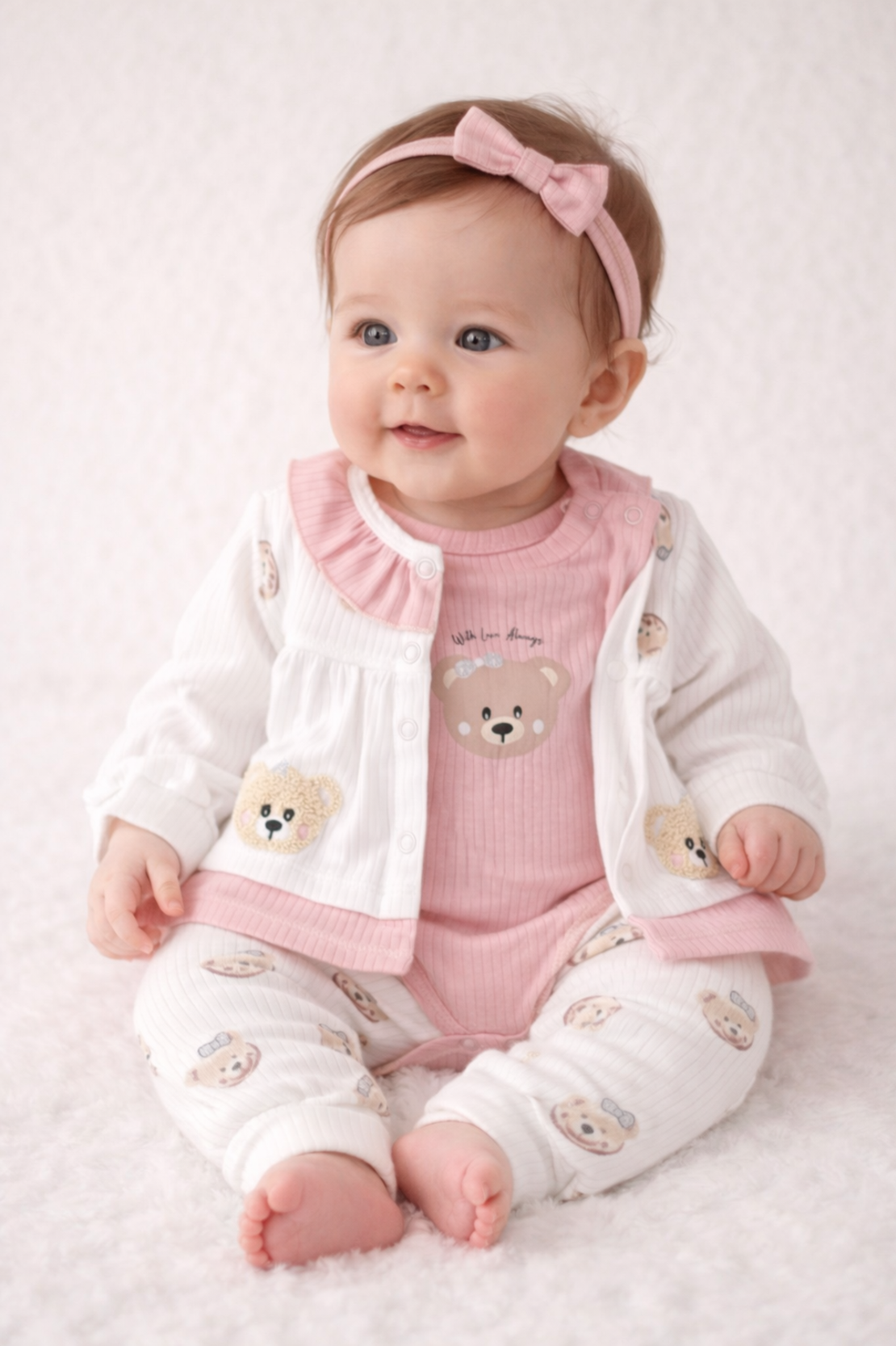 Бебешки комплект за момиче с мече – боди, панталон и жилетка