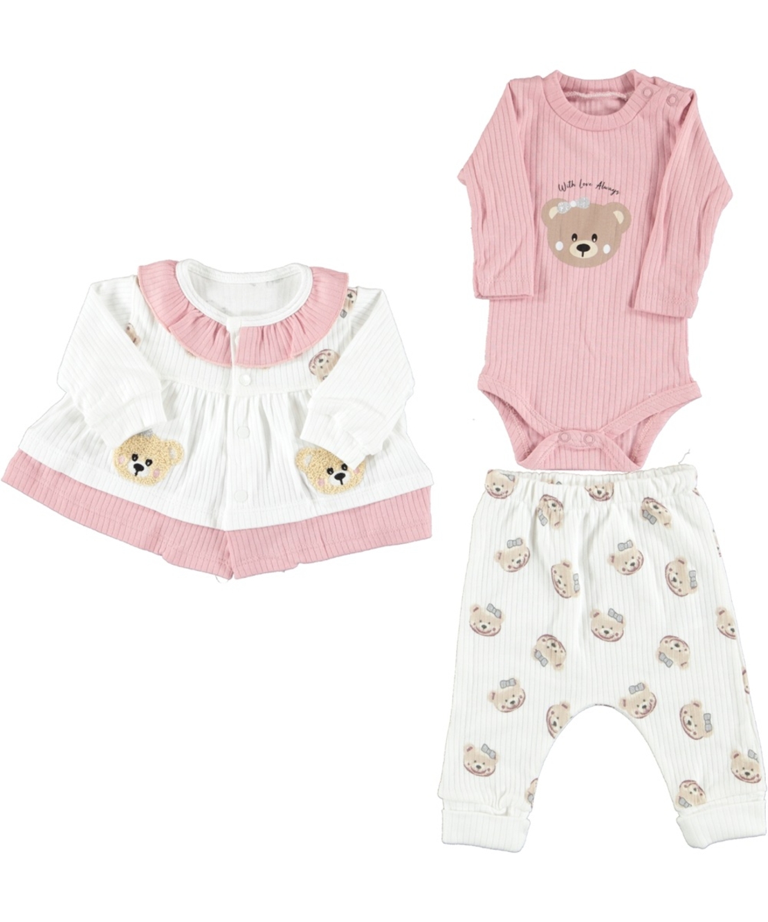 Бебешки комплект за момиче с мече – боди, панталон и жилетка