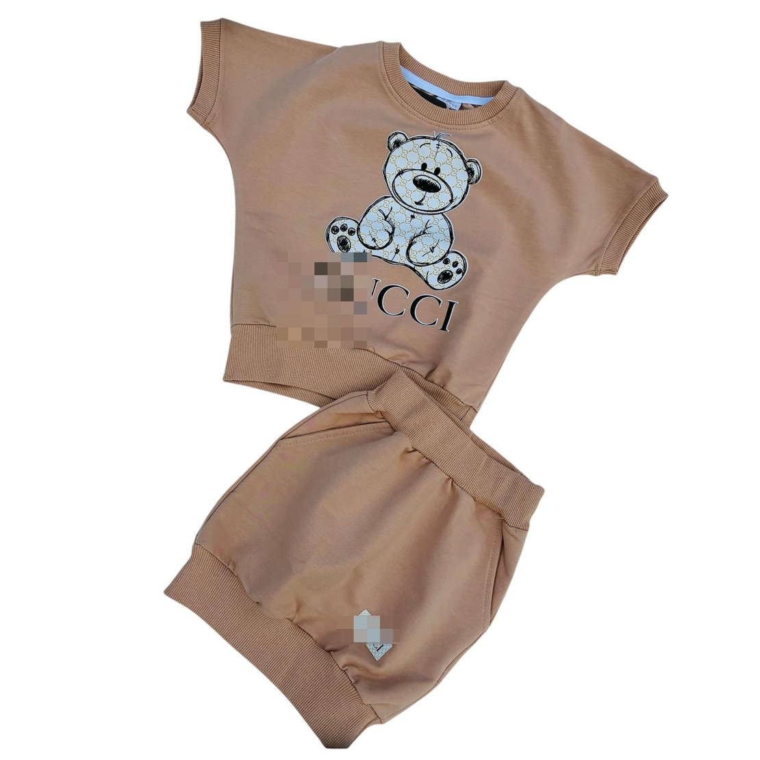 Бежов детски комплект с мече – тениска и пола