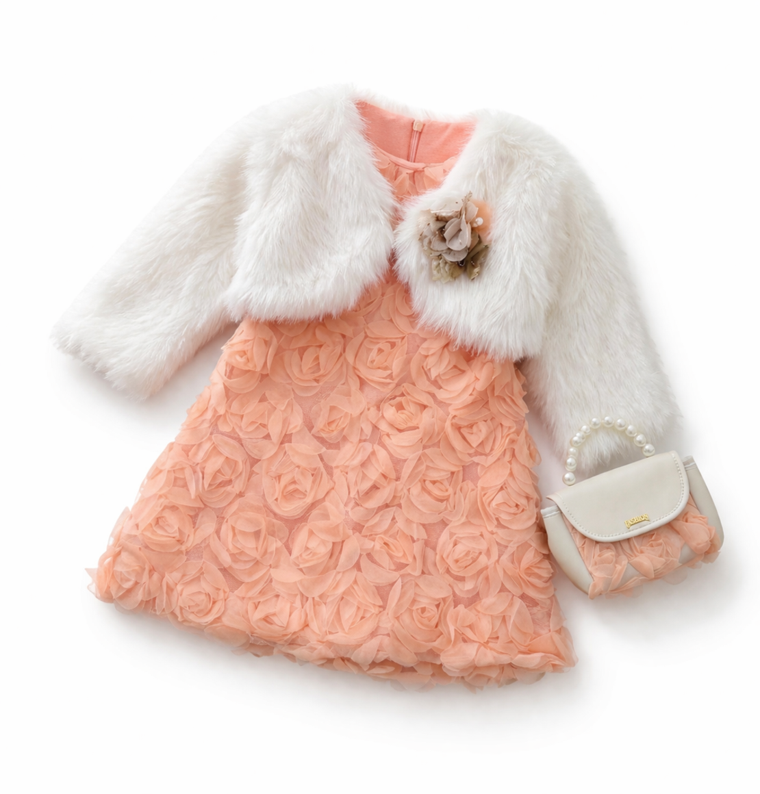 Луксозна официална рокля за момиче с 3D цветя, болеро и чантичка