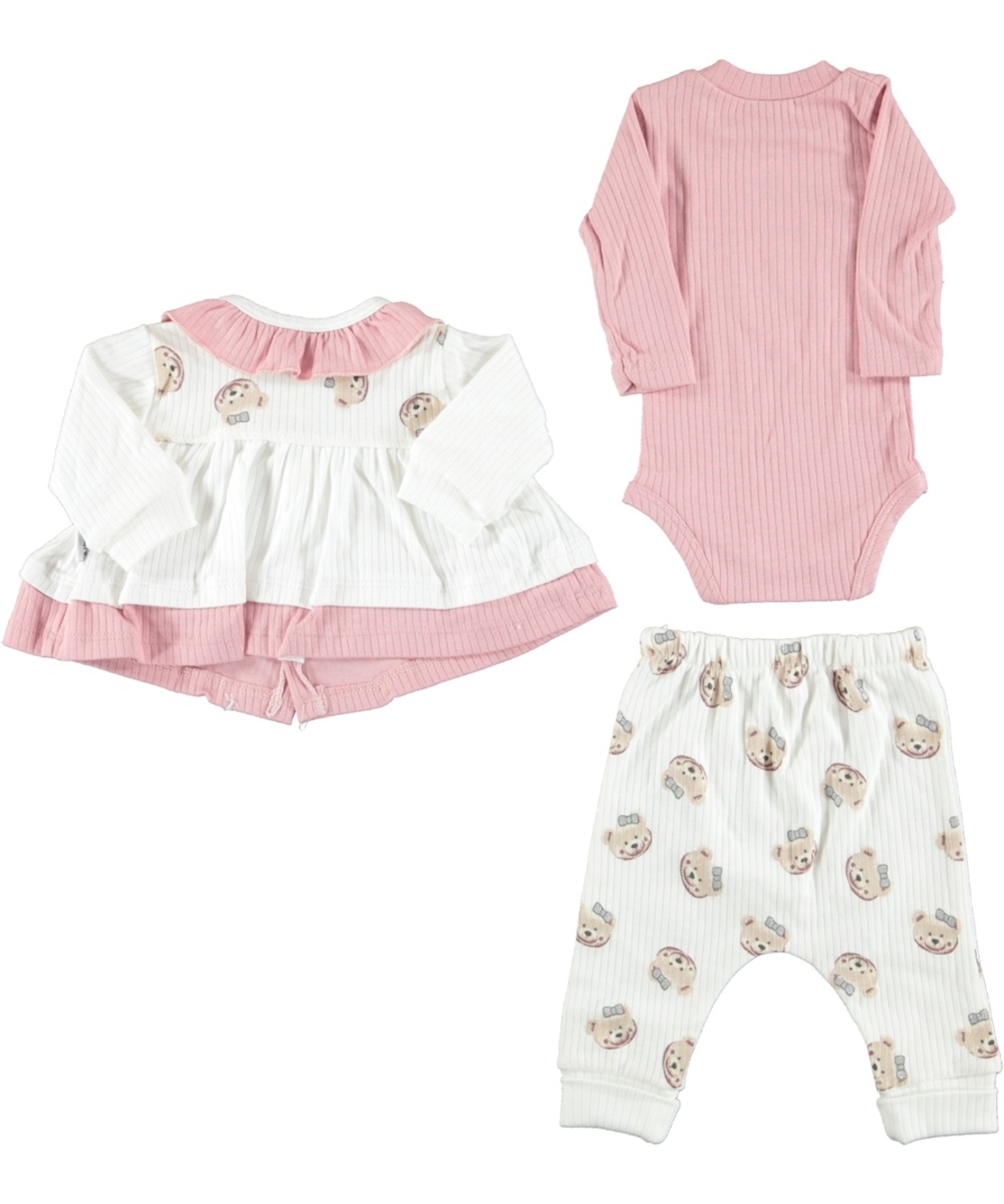 Бебешки комплект за момиче с мече – боди, панталон и жилетка