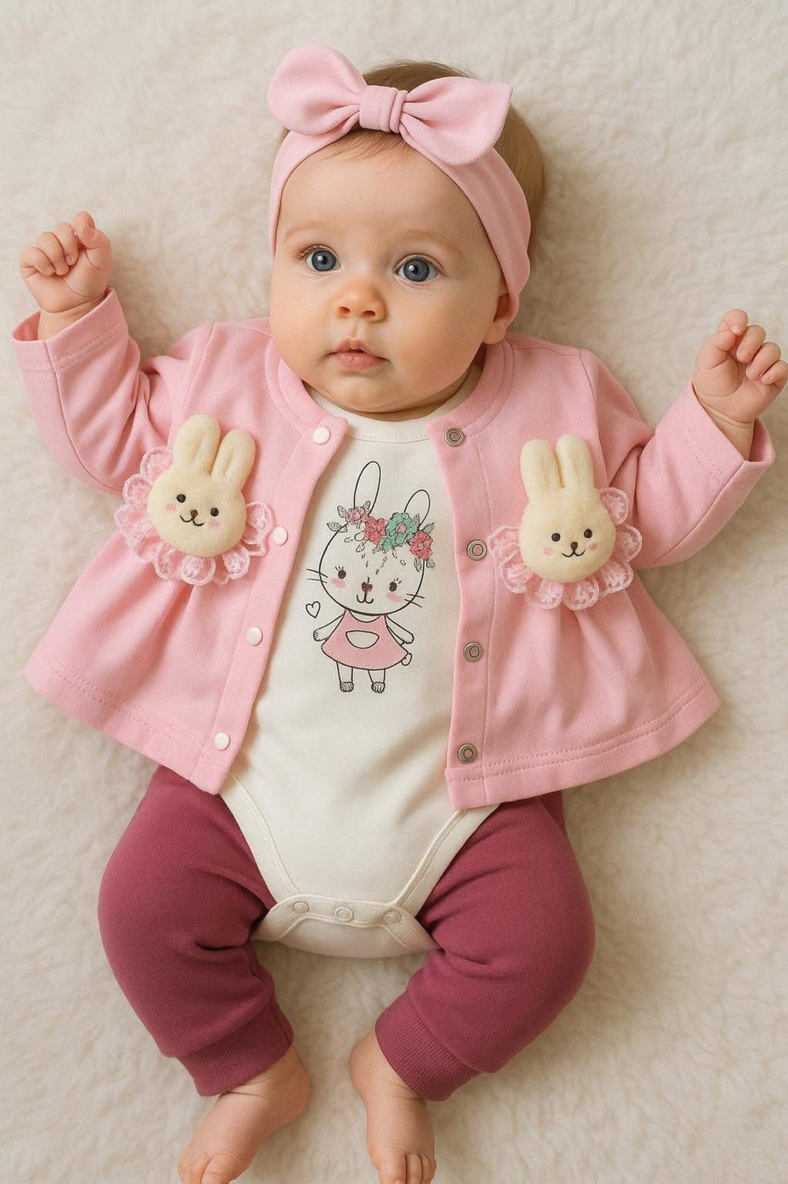 Бебешки комплект 3 части със зайчета – жилетка, боди и панталон 100% памук