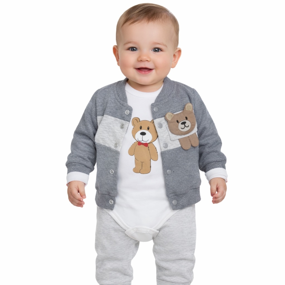 Бебешки комплект с мече – боди, панталон и жилетка