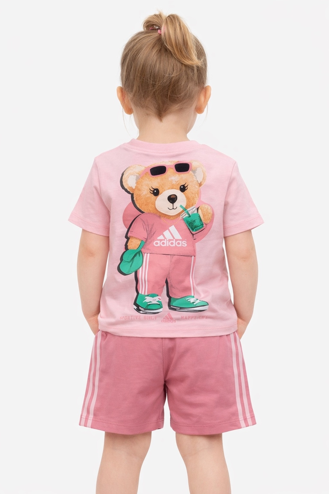 Розов летен комплект с мече за момиче – тениска и къси панталонки