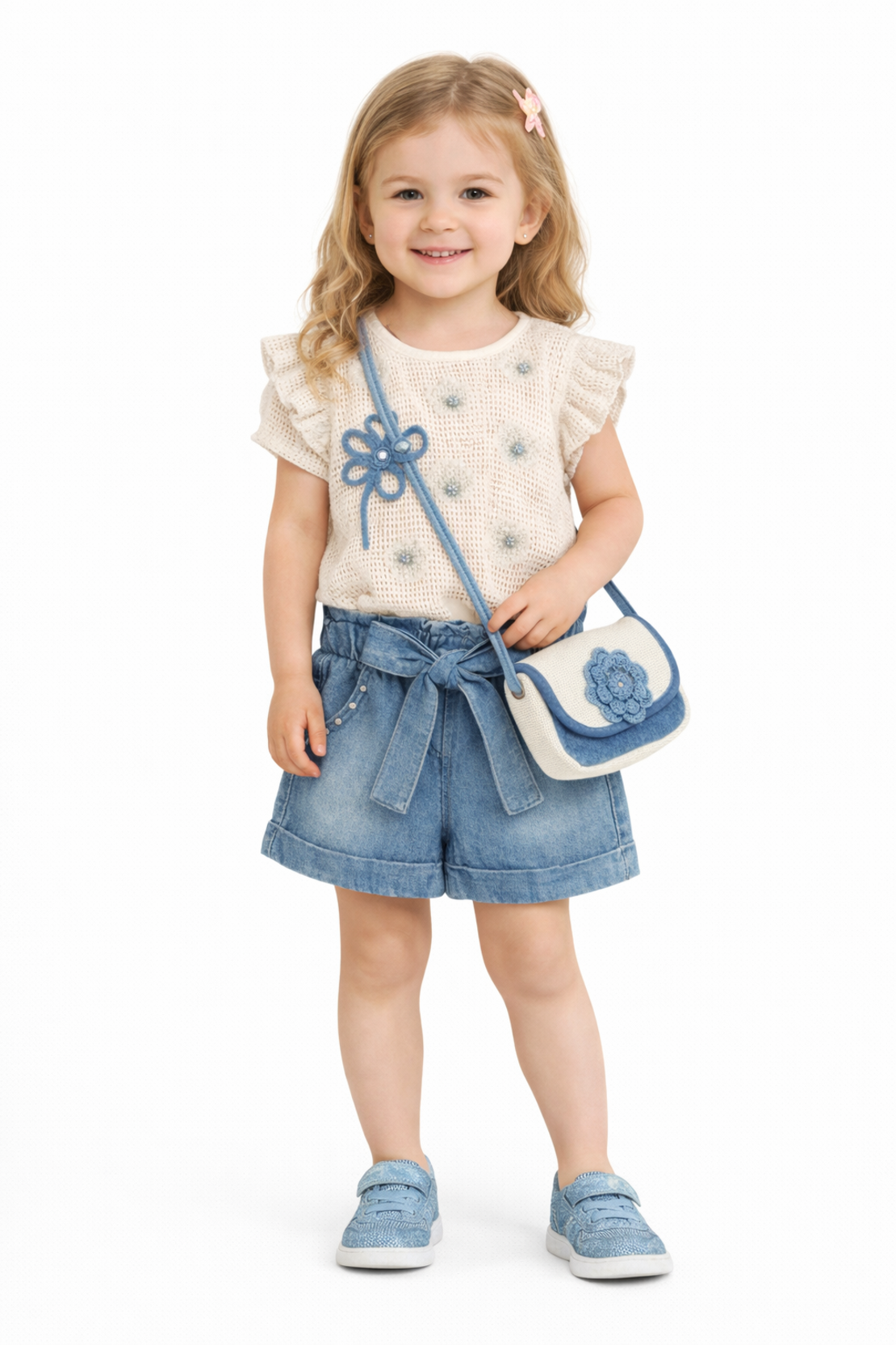 Летен комплект за момиче с дънкови панталонки и чанта с цвете