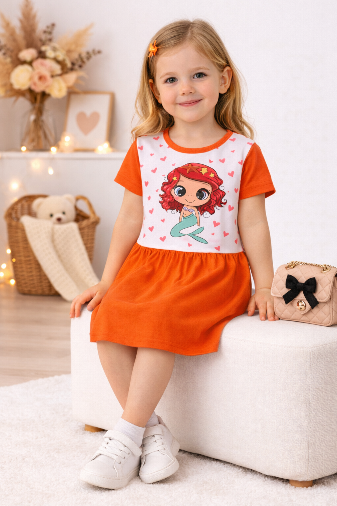 Оранжева детска рокля с русалка и сърчица