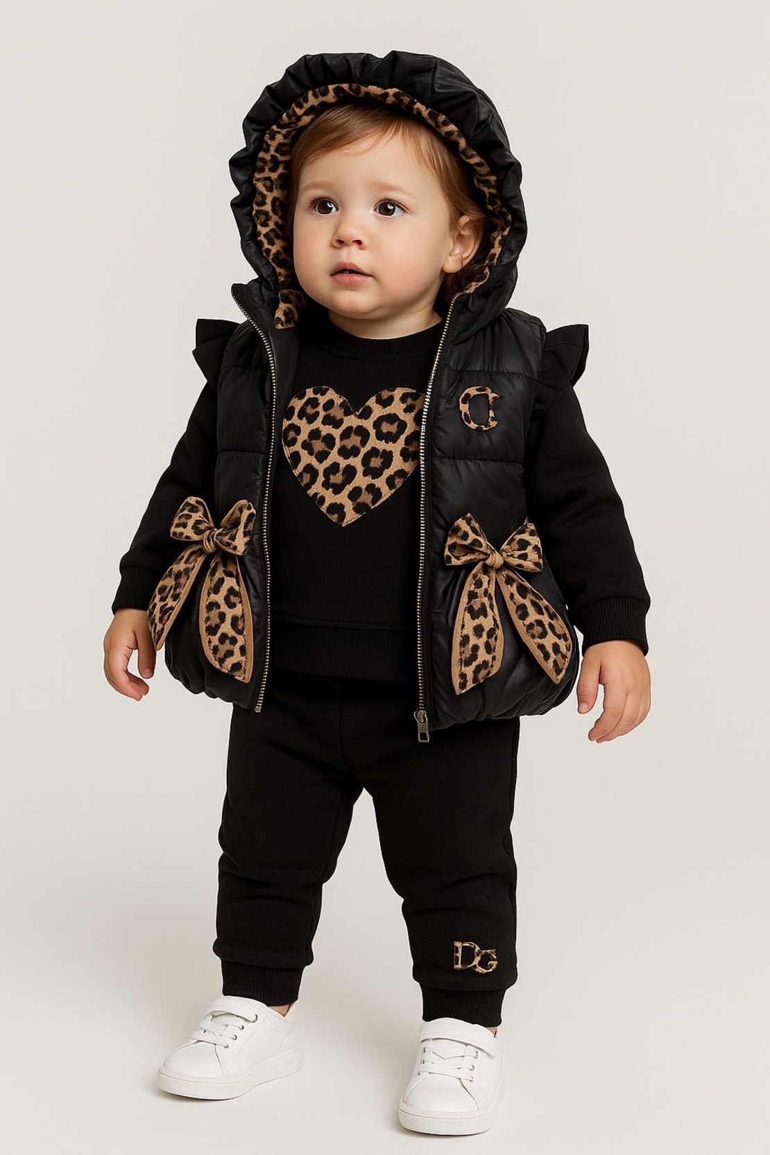 Модерен детски комплект с елек и леопардови акценти