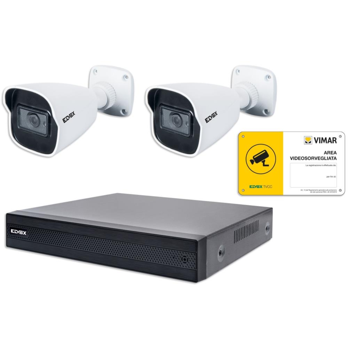 Комплект 2 IP Bullet камери ​​NDAA+NVR 4CH PoE 5Mpx FF H.265 + табела, ELVOX, Vimar