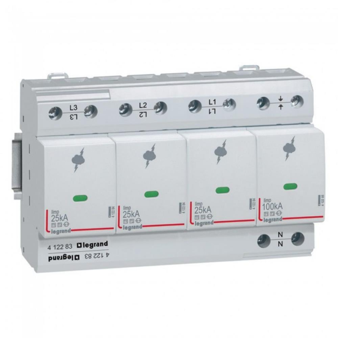 Катоден отводител SPD T1+T2, 350V~ 25kA, 3P+N десен/8мод., +FS, Legrand