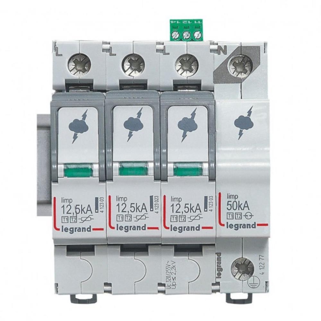 Катоден отводител SPD T1+T2, 320 V~ 12.5kA, 3P+N десен, +FS, Legrand