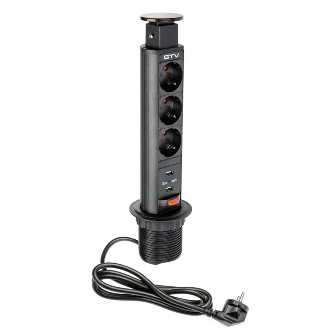 Pull-out контакт за вгражд., 3х Schuko, USB5V/2,4A, кабел 1,5 м, черен GTV