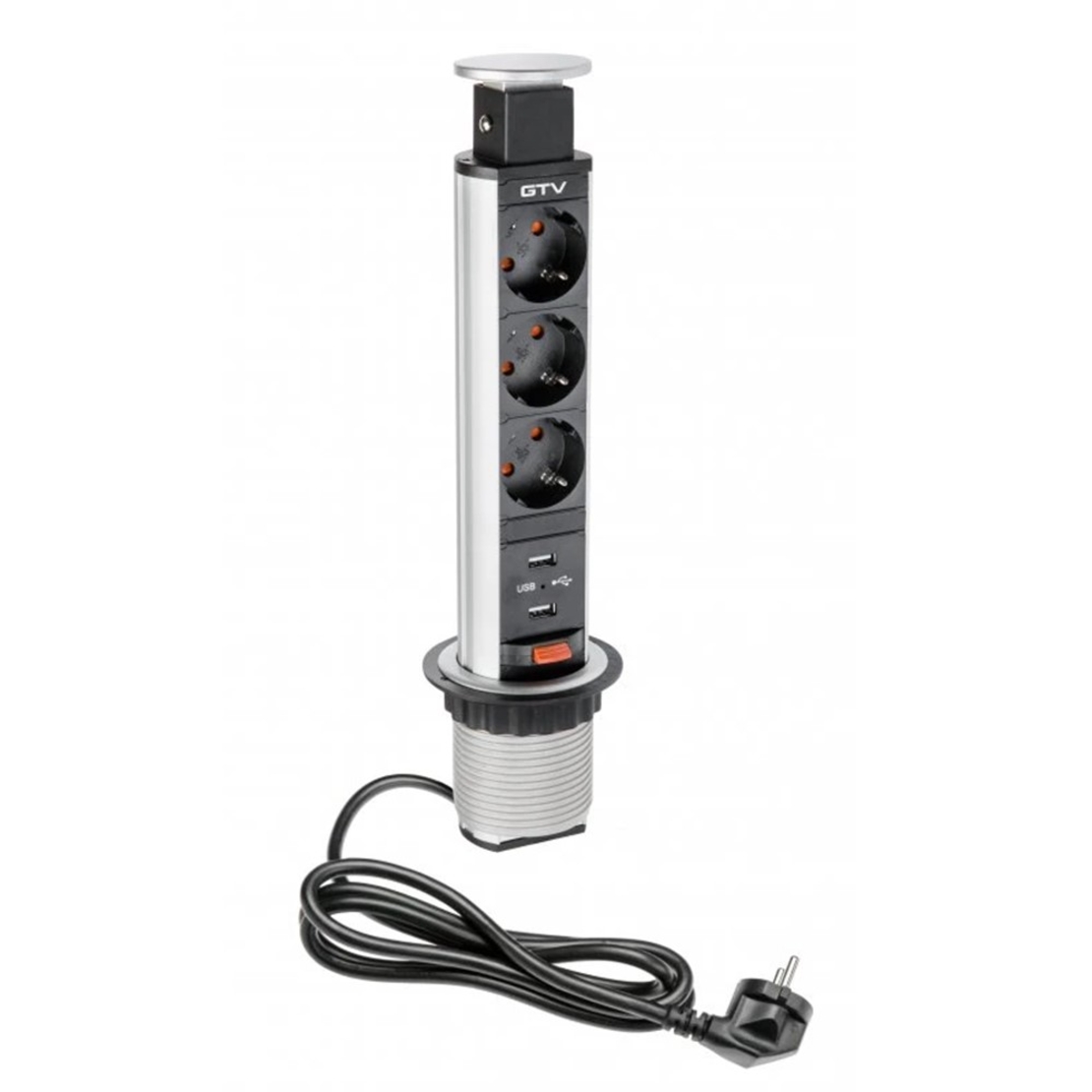 Pull-out контакт за вгражд., 3х Schuko, USB5V/2,4A, кабел 1,5 м, сребрист GTV