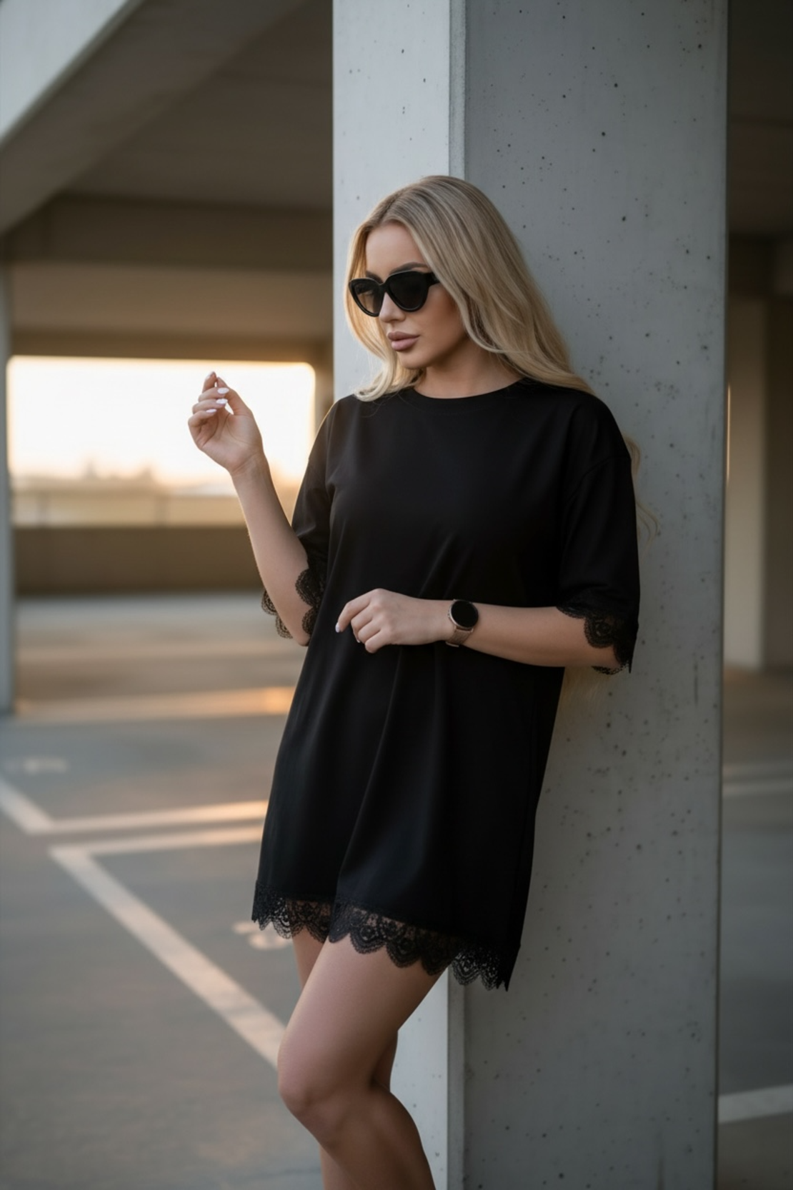 Черна памучна casual рокля с дантела Lace