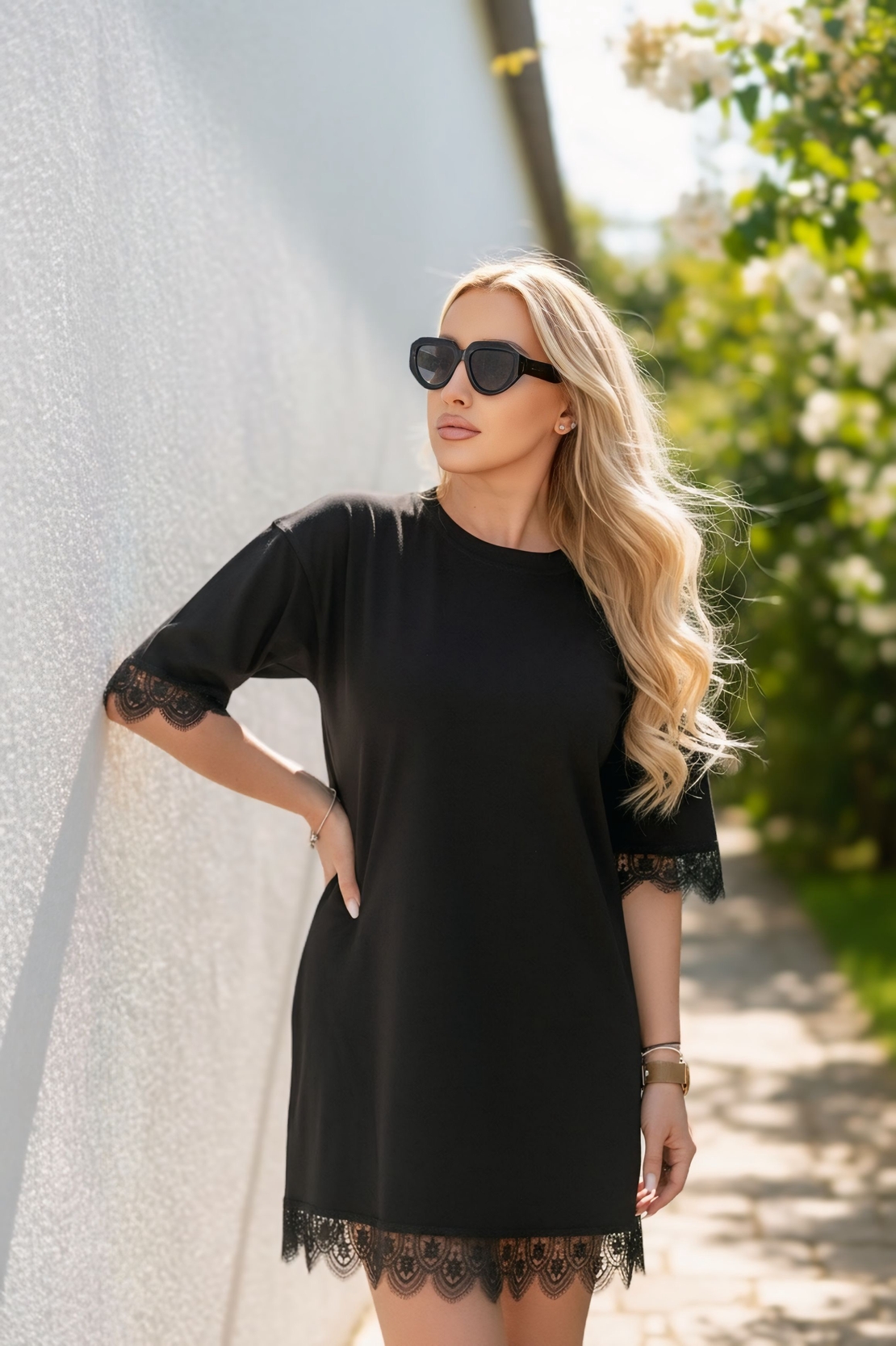 Черна памучна casual рокля с дантела Lace