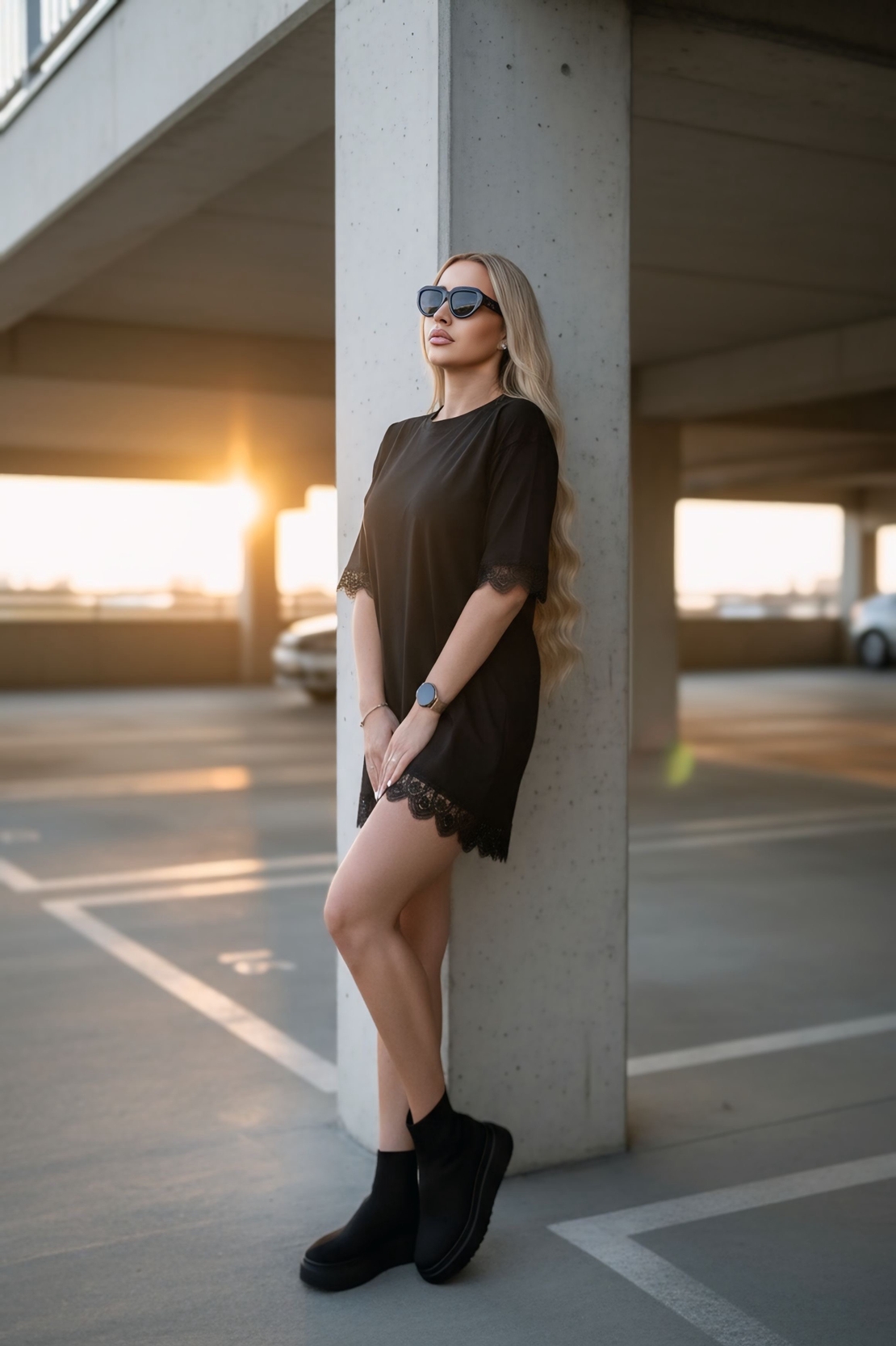 Черна памучна casual рокля с дантела Lace