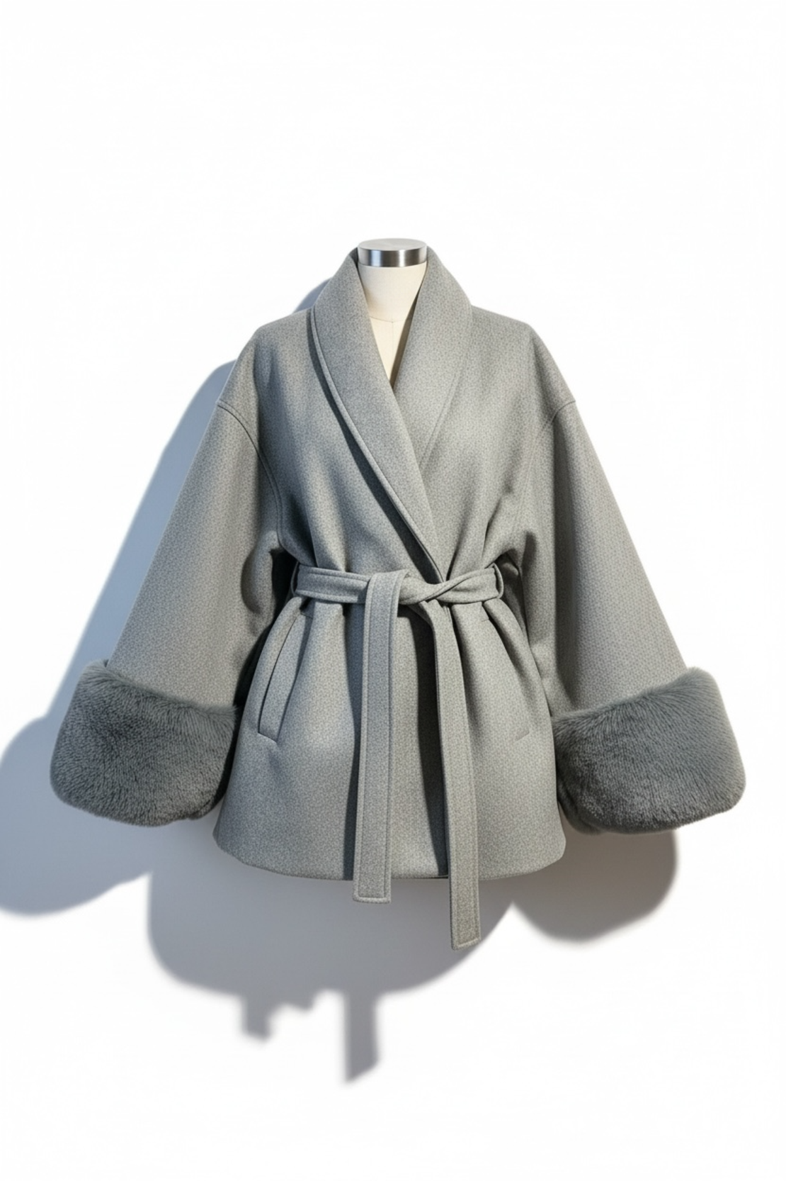 Grey Luxe – елегантно късо палто с колан и пухкави маншети