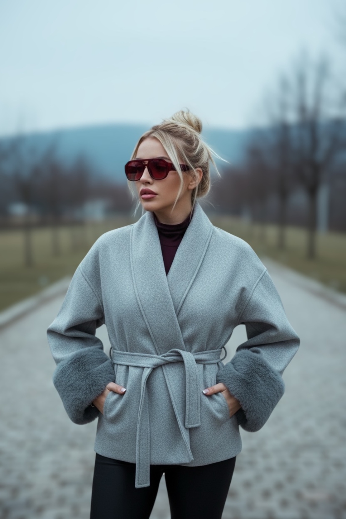 Grey Luxe – елегантно късо палто с колан и пухкави маншети