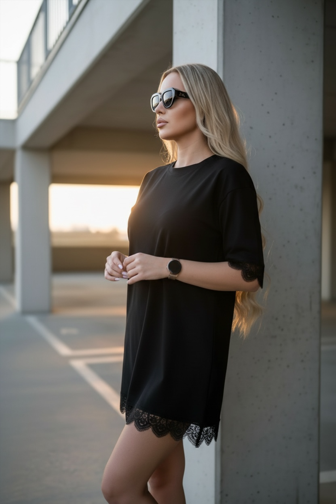 Черна памучна casual рокля с дантела Lace