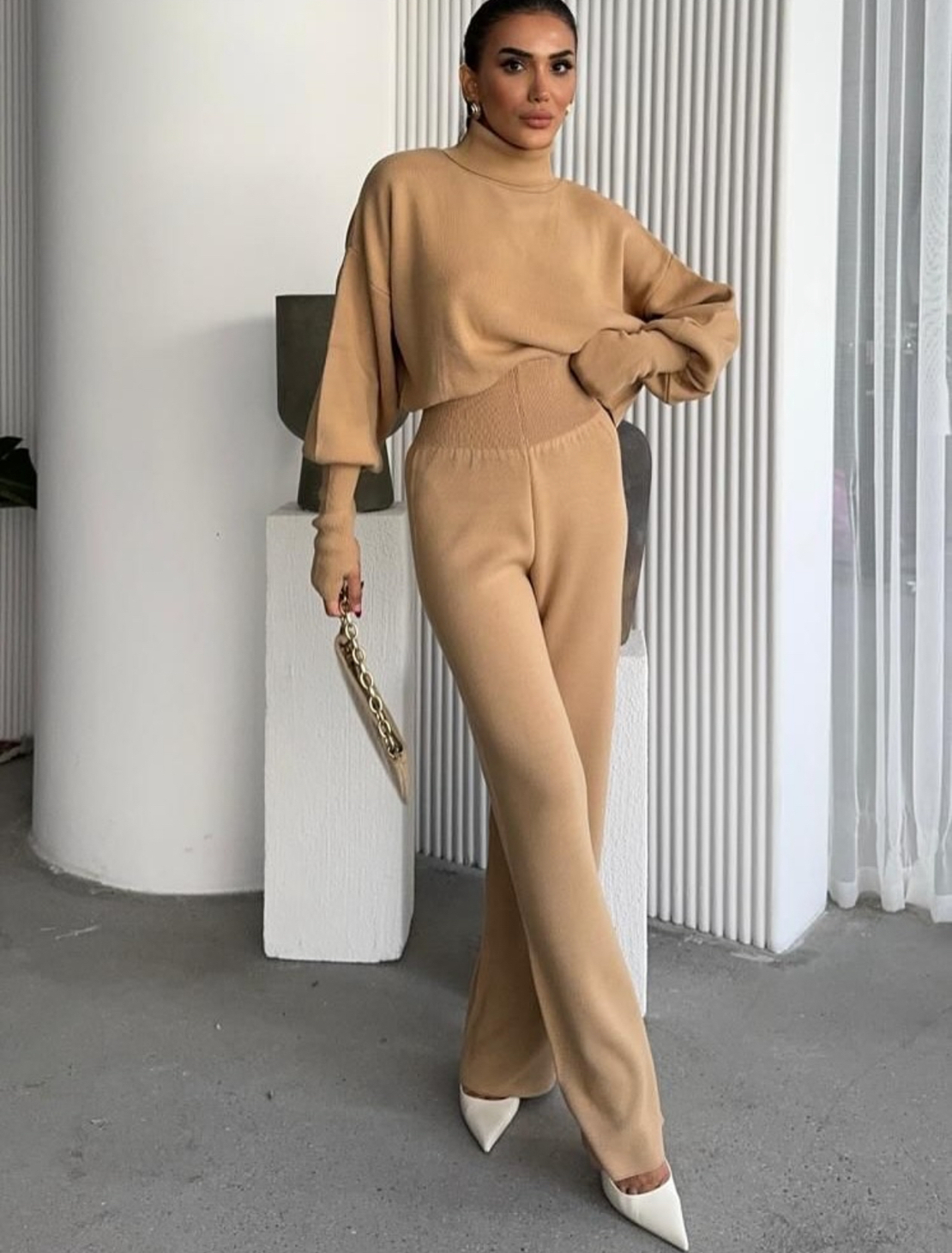 Cozy Elegance Set Beige - плетен комплект с пуловер и панталон