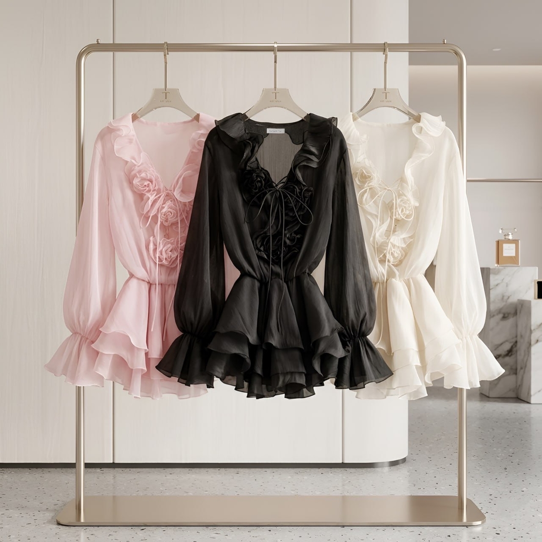 “Rosé Chic” Crema - Ефирна рокля с волани