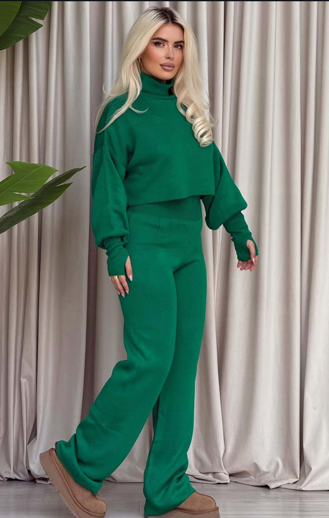 Cozy Elegance Set Green - плетен комплект с пуловер и панталон