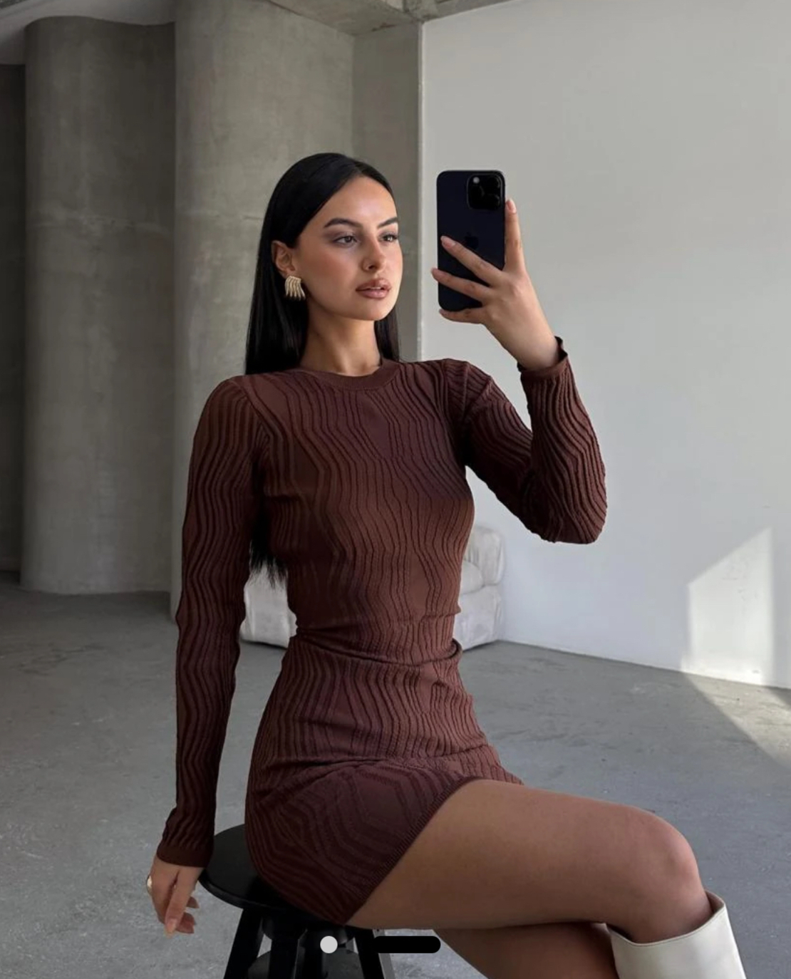 Riva Knit Dress Brown - къса бандажна рокля от фино плетиво