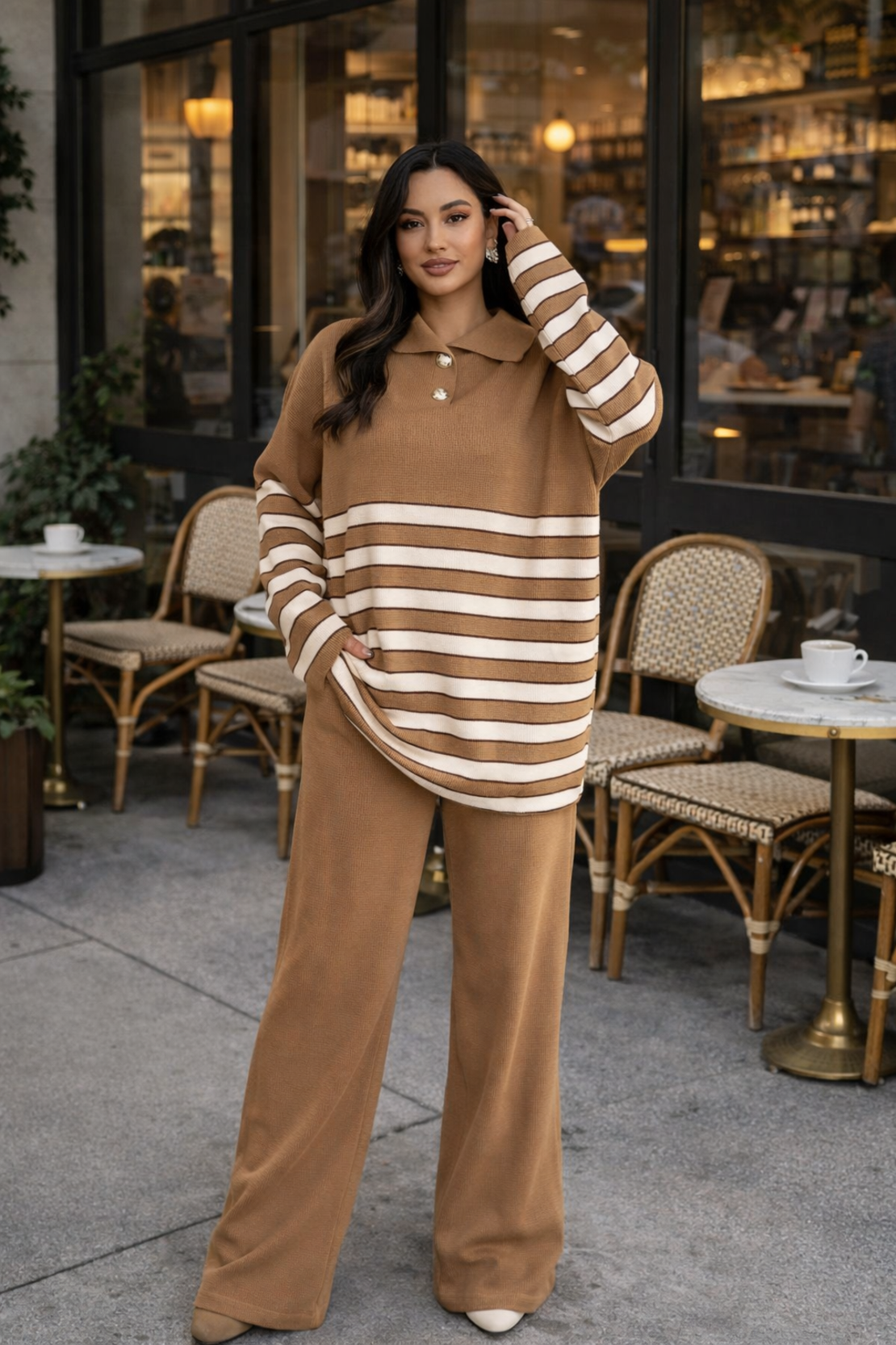 Широк комплект от плетиво с издължен пуловер и долнище с висока талия