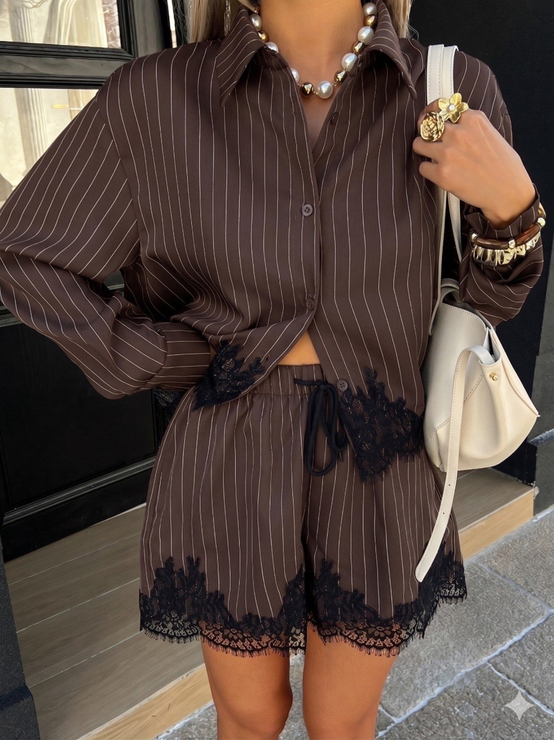 “ Lace Stripe Set “ brown - риза и панталонки с дантела