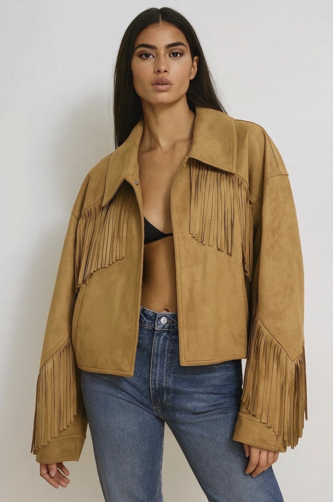 “ Western Chic” camel - Велурено яке с ресни