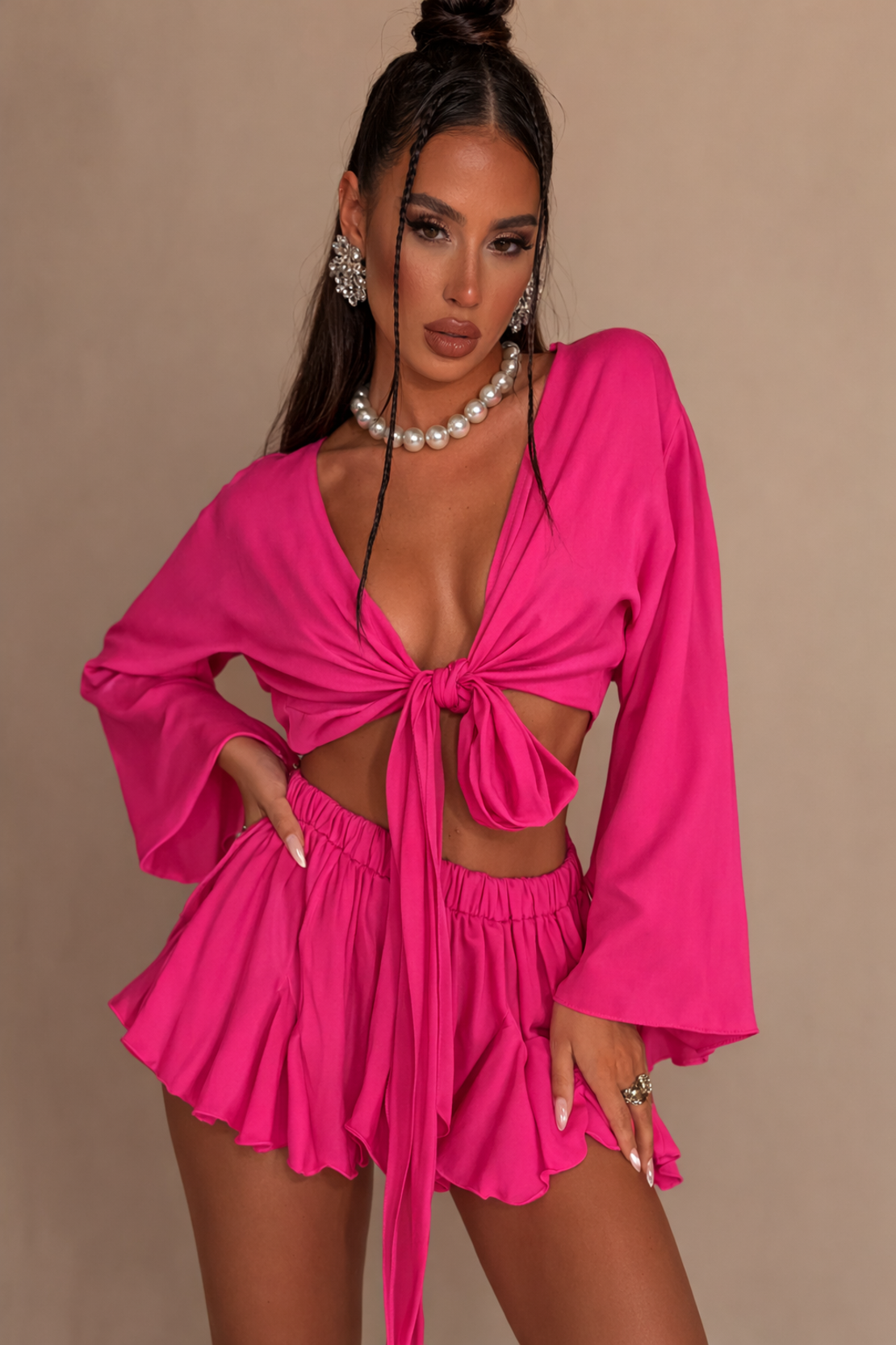 FASHION BLOOM Комплект от пола и риза с панделка Pink